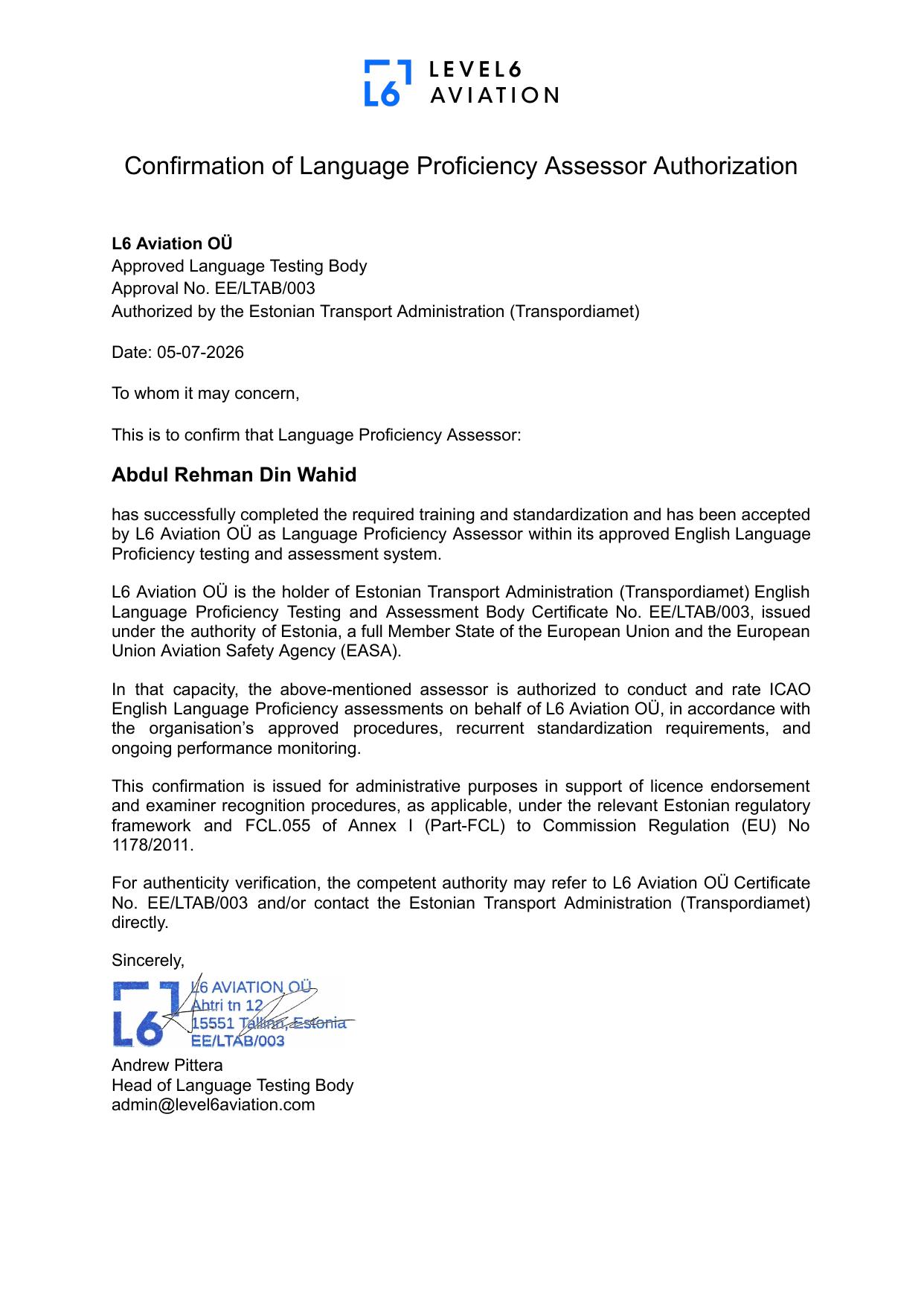 Autorización oficial de Abdul Rehman Din Wahid como examinador LPE de Level 6 Aviation